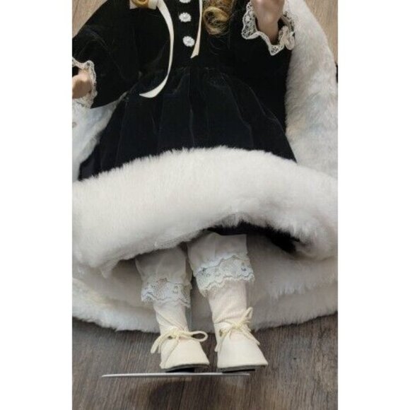 ANCO Porcelain Doll in Black Winter Cape Dress Faux Fur Muff with Stand 16" - Picture 10 of 11